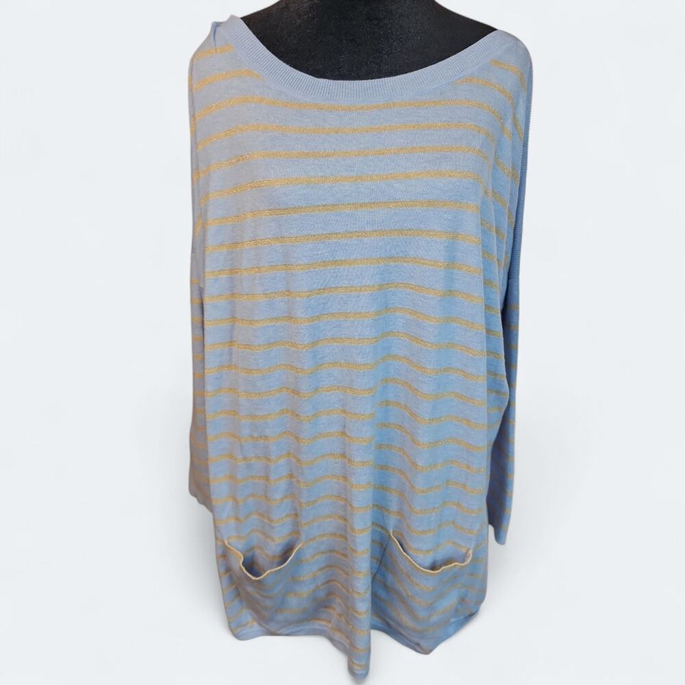 LILLY PULITZER | Preppy Coastal Blue Gold Striped Lightweight Cobo Sweater | L